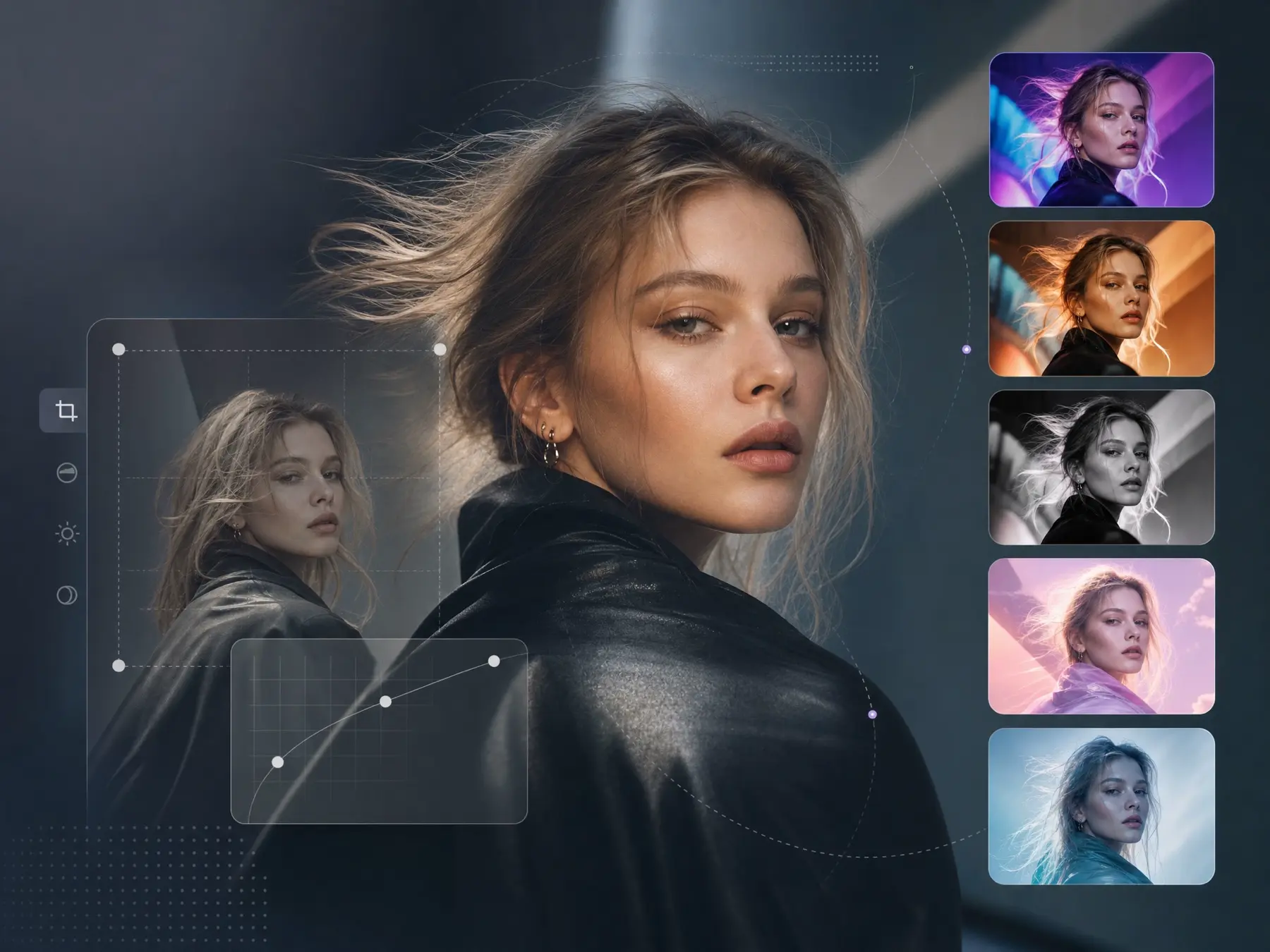 Portrait editing preview with several visual treatments
