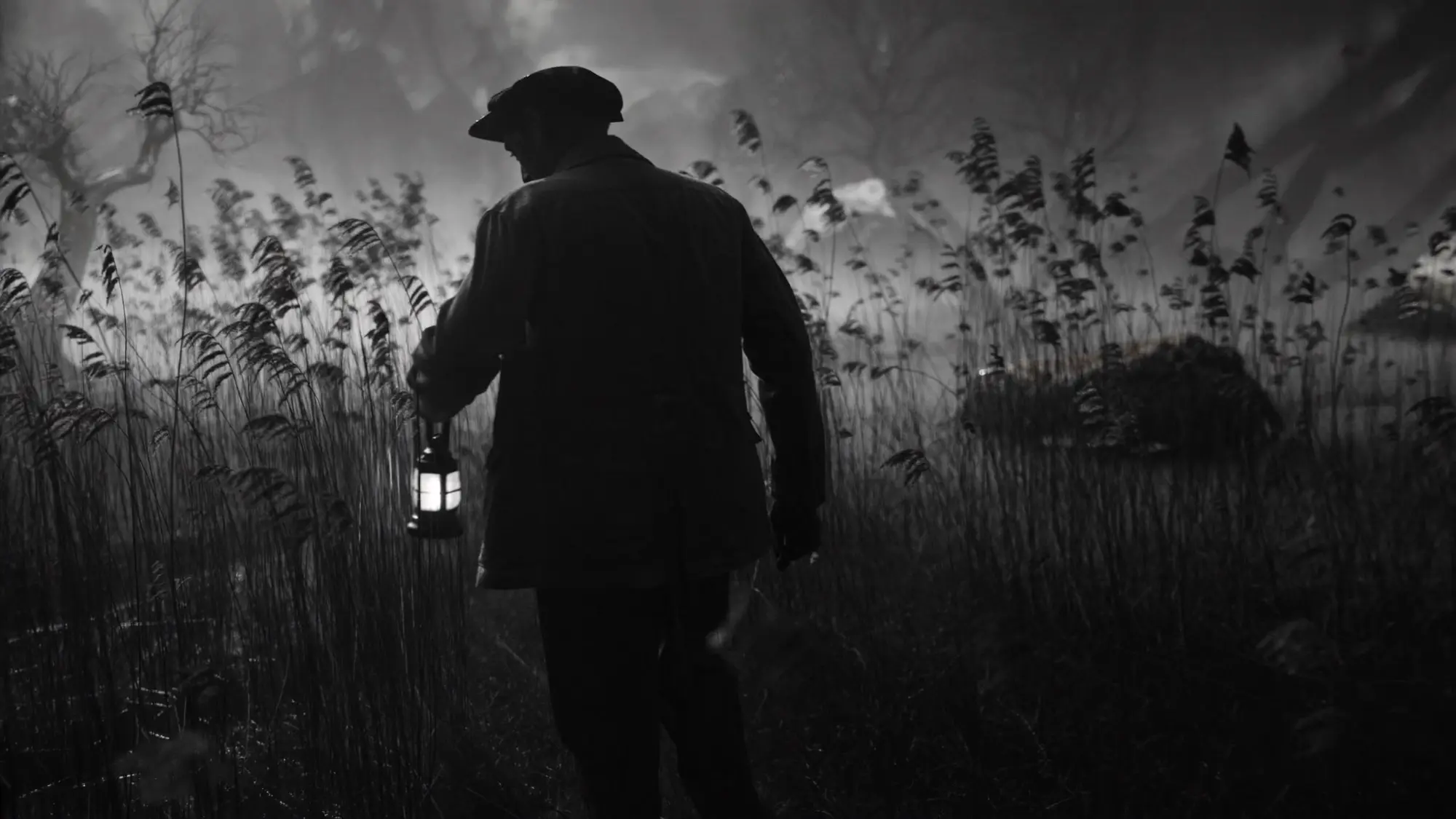 Figure carrying a lantern through tall grass