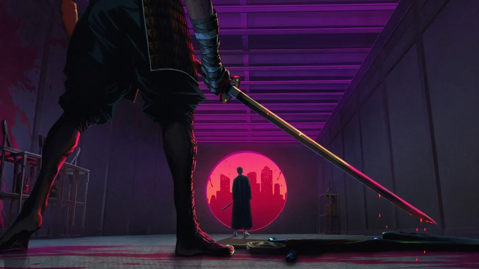 Illustrated sword scene in a neon-lit room