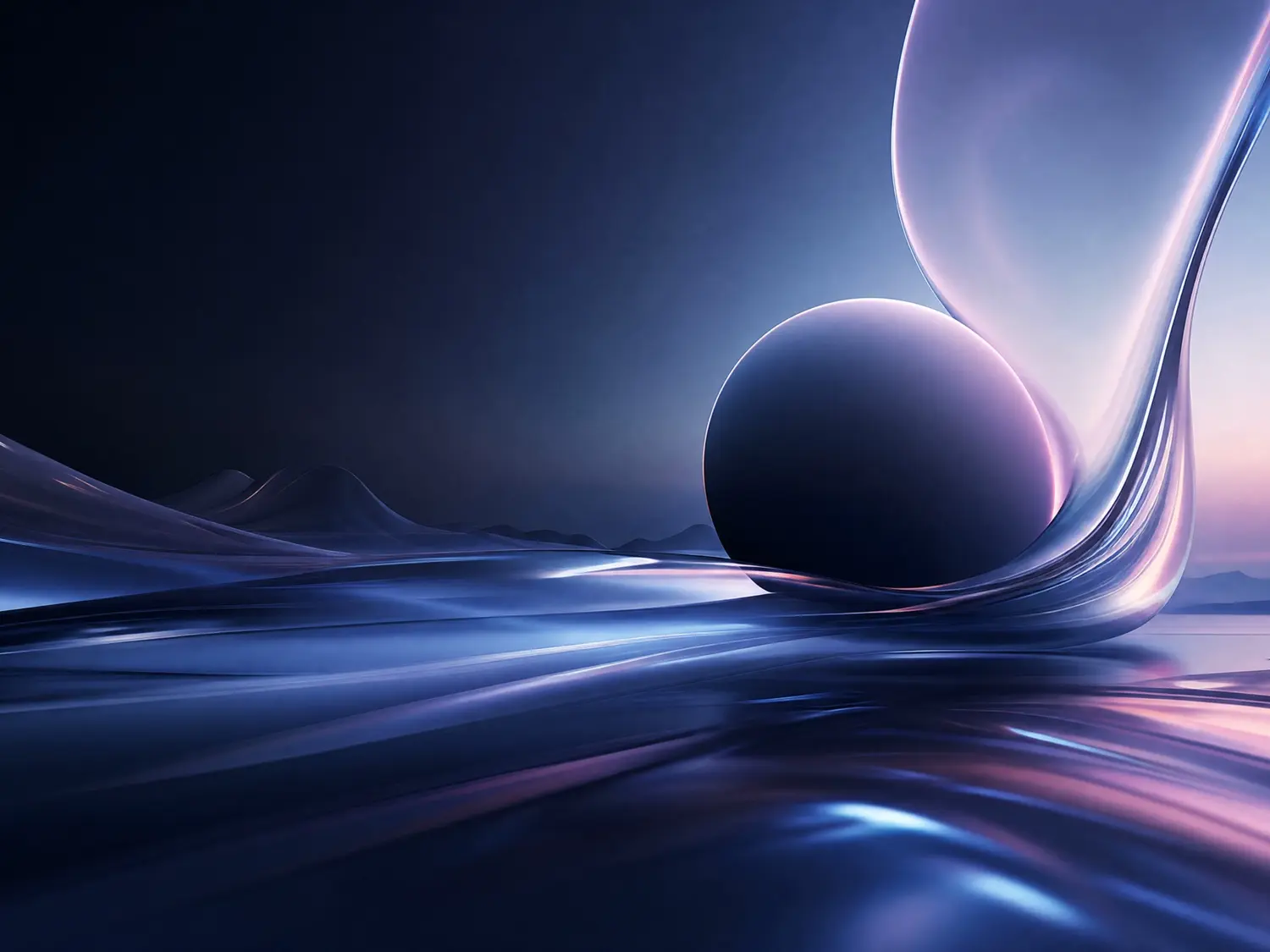 Abstract dark sphere resting in a reflective landscape