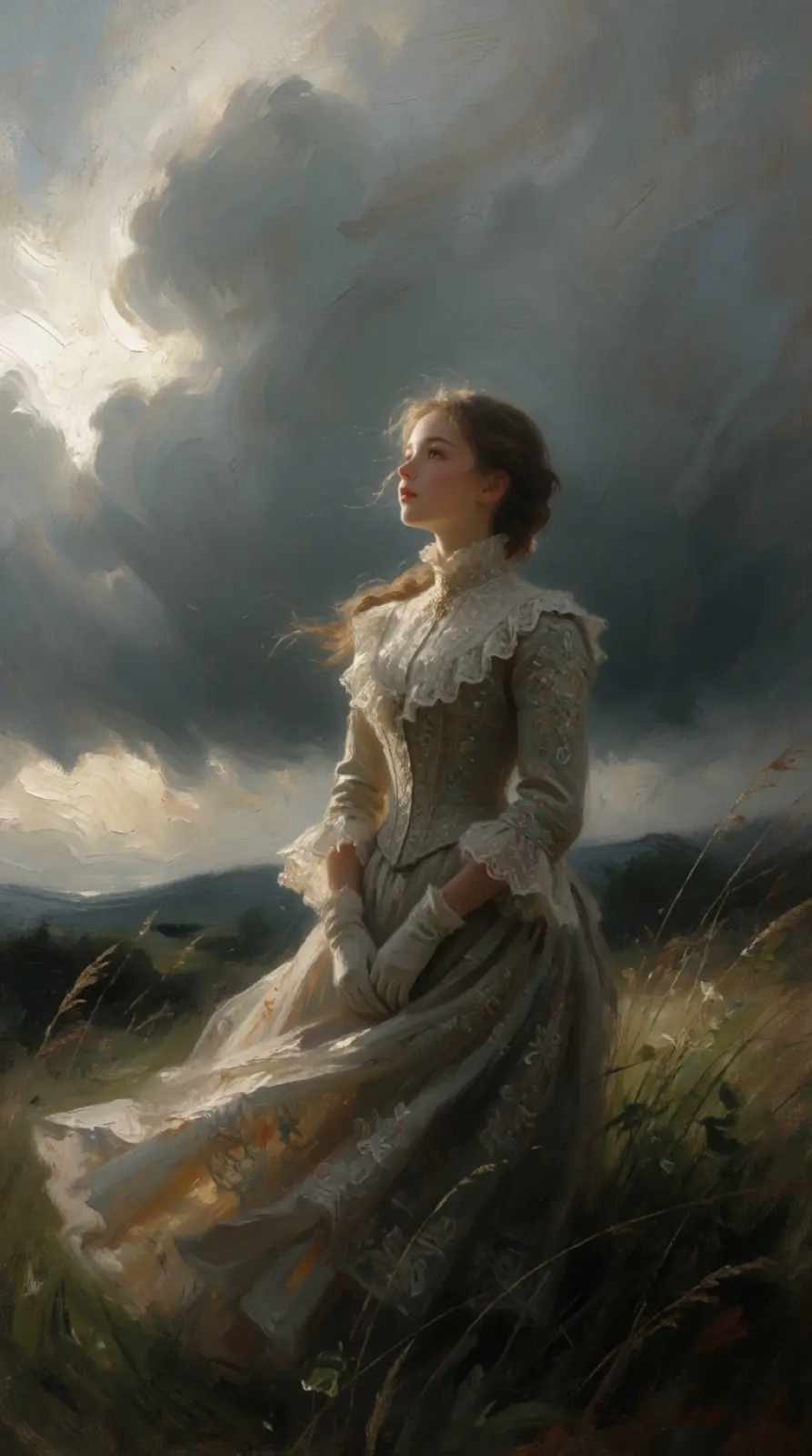 Painterly portrait in a windswept landscape